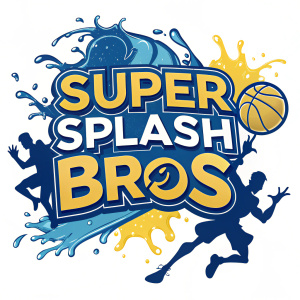 The Super Splash Bros logo features vibrant blue and yellow colors. Bold, dynamic font captures excitement. Set against plain white background, perfect for sports teams.
