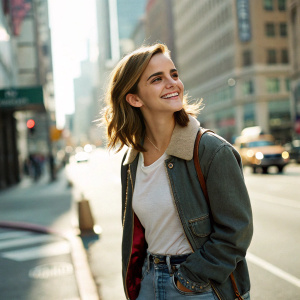 Emma Watson in contemporary attire, casual smile, urban street scene, bright sunlight, blurred cityscape background.