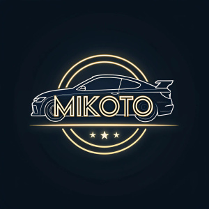Mikoto, logo design. Modern, minimalist emblem with sleek, clean lines. The brand name 'Mikoto' in bold, futuristic font.
