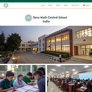 Homepage of Deva Math Central School, India. Includes sections on infrastructure, facilities, services, with images of school buildings, classrooms, and student activities.