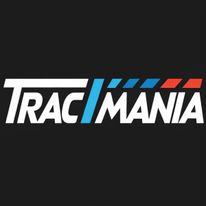 Trackmania logo featuring bold geometric shapes. White and blue colors against black background. Sans-serif font for text