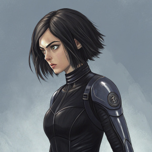 Gally from Battle Angel Alita, in a digital art piece. She is depicted in a sleek black bodysuit, her expression stern. Short, dark hair styled in a bob. The background is a muted grey