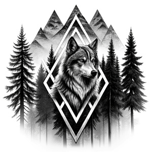 valknut runes pattern geometric symbols - wolf and trees - tattoo design - perfect realistic art - high-definition - grey and black - white background 