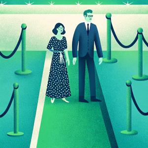 Talia Balsam and John Slattery at the premiere event. Talia in a black and white printed dress with modest neckline and patterned fabric. John in a tailored dark suit with glasses. Red carpet ambiance with brand logos in the background.