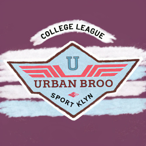 Digital illustration of College League Urban Broo Sport Klyn logo. Bold geometric design with red, white, and blue. Aviation-inspired emblem with stylized wing and prominent number. Dark background