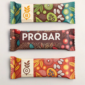 A colorful display of PROBAR energy bars. Each flavor has distinct packaging design. Ingredients and nutritional info clearly labeled.