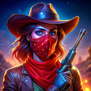 Cowgirl with bandana on face red hair and gun