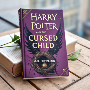 Book cover for Harry Potter and the Cursed Child. Vibrant purple hue, intricate design resembling the wizarding world. Central figure: mythical creature within a woven structure. Title and author names boldly displayed.
