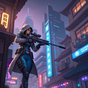 Ana, the Overwatch heroine, wielding a sophisticated rifle in a cyberpunk cityscape. Asian-inspired architecture, neon lights, and futuristic technology blend seamlessly into the background.