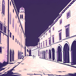 Dubrovnik, Croatia's historic Stradun street. Stone buildings with arched entrances and windows. Natural light and colors. Stone-paved road. Pedestrians stroll past.