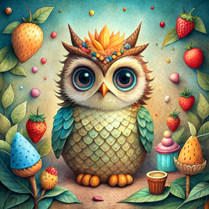 An illustration for a book about an owl who loves ice cream very much