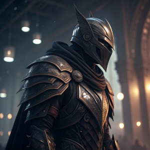 Alexandre Fiolka's digital artwork of Godfall character. Detailed armor with dark metallic finish. Set against a dimly lit background with soft, ambient lighting effects. Focus on intricate textures and dramatic shadows.