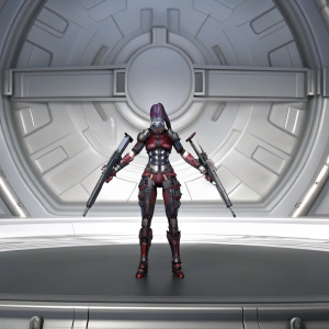 Digital illustration of a female warrior resembling Widowmaker. Wears crimson armor with metallic accents. Standing in front of a dark grey, tech-filled backdrop. High-tech weapons at her side. Futuristic and dynamic pose.