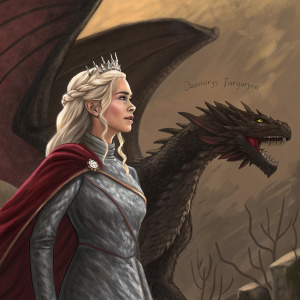 Digital artwork featuring Daenerys Targaryen with a fierce expression, standing alongside a dragon with outstretched wings. Earthy toned background with detailed texture. Artist's signature visible.