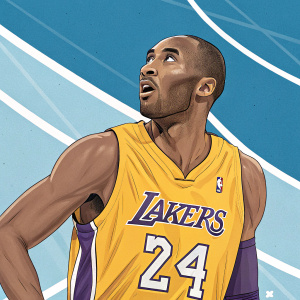 Cartoon illustration of Kobe Bryant. He wears his Lakers jersey with number 24. Blue and white basketball court background.