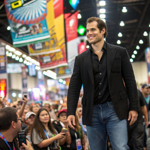 Henry Cavill at San Diego Comic-Con. Wearing a black blazer and jeans. Surrounded by excited fans in a vibrant, bustling convention center.