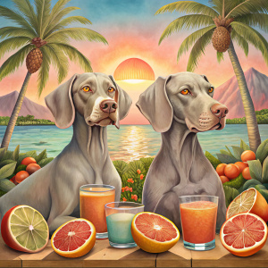 y dos perros en la playa con tomando jugo de pomelo con una mansion de pomelo weymaraner UN PERRO