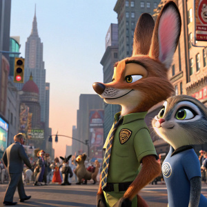 Zootopia characters, realistic animation style, busy cityscape background