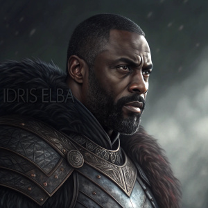 Digital portrait of Idris Elba in fantasy setting. Wearing ornate armor, fierce expression. Dark and moody background. Fine lines and detailed shading. Name Idris Elba subtly added