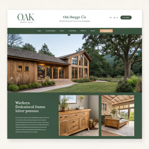 Website preview of Oak Designs Co., specializing in handcrafted oak structures. Modern aesthetic with earthy tones.