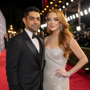 Wilmer Valderrama and Lindsay Lohan at a glamorous awards show. Wilmer in a classic black tuxedo. Lindsay in a shimmering silver dress.