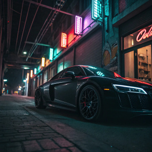 A black Audi R8 parked in a dimly lit alley. Neon signs reflecting off the car's sleek body.
