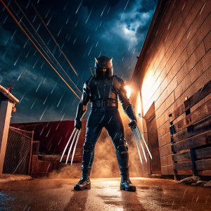 Wolverine-inspired character, fierce stance. Rustic alley setting. Dark and stormy night backdrop. Character clad in black combat gear. Gleaming metal claws drawn.