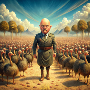 strong bald man leading a army of ostrich
