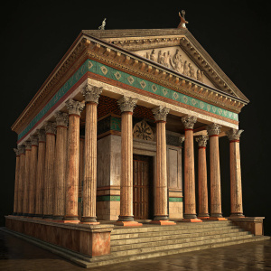 A detailed 3D model of a grand ancient structure, inspired by Greek or Roman architecture. The columns are ornately decorated and support a triangular pediment filled with intricate carvings. The entrance is framed by wooden or stone elements, leading to a recessed central area. The color palette is earthy, with hues of brown and green, enhanced by warm brown accents. The lighting is dim, casting shadows that emphasize the architectural details. The dark background highlights the building's intricate design and texture.