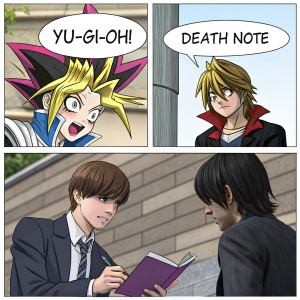 Multiple comic panels showing characters from 'Yu-Gi-Oh!' and 'Death Note' interacting. The scene features dialogue and narrative text, emphasizing character relationships.
