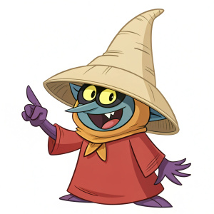 Cartoony rendition of Orko from Trollan, He-Man's universe. Orko wears a big, beige cone hat that covers his head and upper body, showcasing his magical skills.