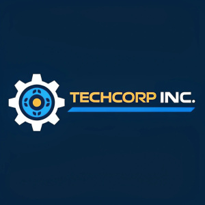 A sleek logo design for TechCorp Inc. The logo features a vibrant blue and white gear icon on the left side, paired with a bold, modern font showcasing the company name in a minimalist style.