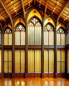grand lobby wood hight wall hight 4 window gothic glass- high-definition - brown and black wood wall- old wood grey background 