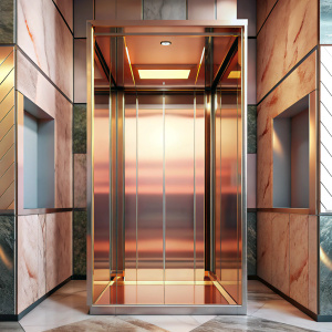 2020s Modern Elevator Cab with Silver and Peach Glass Walls with Mirror and Marble Floor,Back Vide