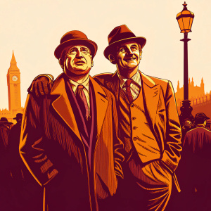 Adrian Edmondson and Rik Mayall, dressed in vintage attire, posing on the bustling streets of London for a comedy sketch.
