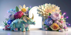 crea un hermoso dinosaurio terodactilo tierno 3d aun lado de un marco grande 3d para fotos vacío adornado con flores coloridas hermosas alrededor del marco y rosas hermosas de colores y 3 flores blancas 3d realistas al rededor con destellos de luces coloridas con estrellas en un fondo totalmente blanco y una hermosa flor blanca