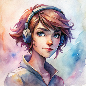 lesbian, gamer, brunette, headphones, short hair, 3/4 angle
