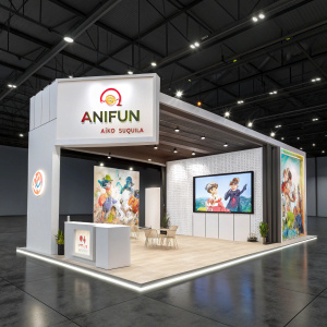 Anifun event booth designed by Aiko Suquila. Modern and vibrant design with a large screen showcasing animated characters. The structure is sleek and minimalist with the logo prominently featured.