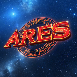 A vibrant, stylized 'Ares' logo glowing against a deep blue cosmos background.