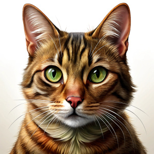 Realistic photograph of a complete brown cat, white background