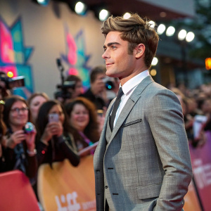 Zac Efron, stylishly dressed in a grey suit, standing at a bustling film festival. Crowds of enthusiastic fans and media, colorful stage backdrop.