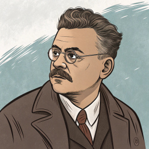 Cartoon illustration of José Clemente Orozco, serious face, iconic mustache, muted backdrop