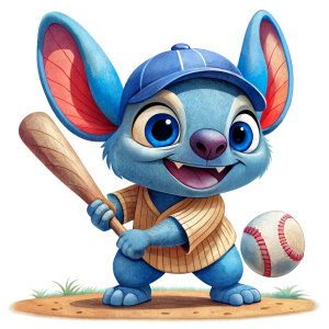 Stitch play baseball, cartoon, high quality, transparent background 