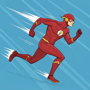 Illustration of Wally West, aka The Flash, from DC Comics, in an energetic pose. Vibrant blue background highlighting speed