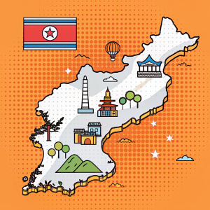 Flat illustration of North Korea with bold outlines. Orange halftone background. Simple, cartoon-like iconography.