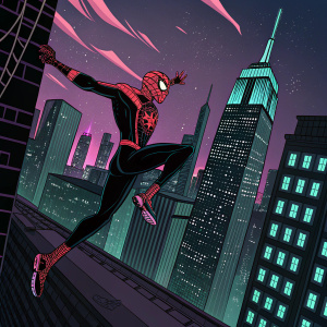Digital art of Spider-Man leaping off a skyscraper rooftop. Black and neon cityscape backdrop