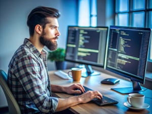Capture a programmer working on a line of code on a modern computer screen. Consider including multiple monitors, keyboards, and a cup of coffee for a realistic work environment.
Technique: Use studio lighting with a shallow depth of field to focus on the computer screen and the programmer's face. Ensure code on the screen is legible.
Enhance screen clarity and vibrancy of code highlights. Refine skin texture and adjust white balance for a focused and engaged look on progress