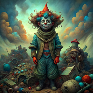 a haggard clown on a pile of junk