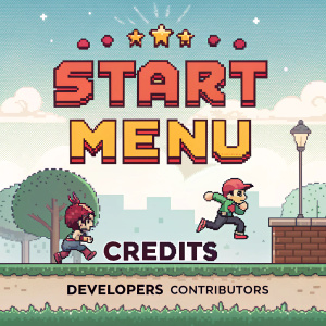 Pixelated artwork of Tinymob video game. Start menu and credits screen. Retro style with block-like graphics.