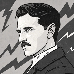 Cartoon illustration of Nikola Tesla's face in black and white. Upper head and facial features prominently displayed with bold lines and strong contrast. Textured, abstract background with graphic elements. Distinctive mustache highlighted for vintage graphic style.